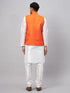 Vastramay Men's Orange Matka Silk Nehru Jacket With White Silk Blend Kurta Pyjama Set